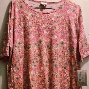 Lula Roe Brand~Pink/Peach Geometric Print~ Short Sleeve~Tunic Oversized Shirt
